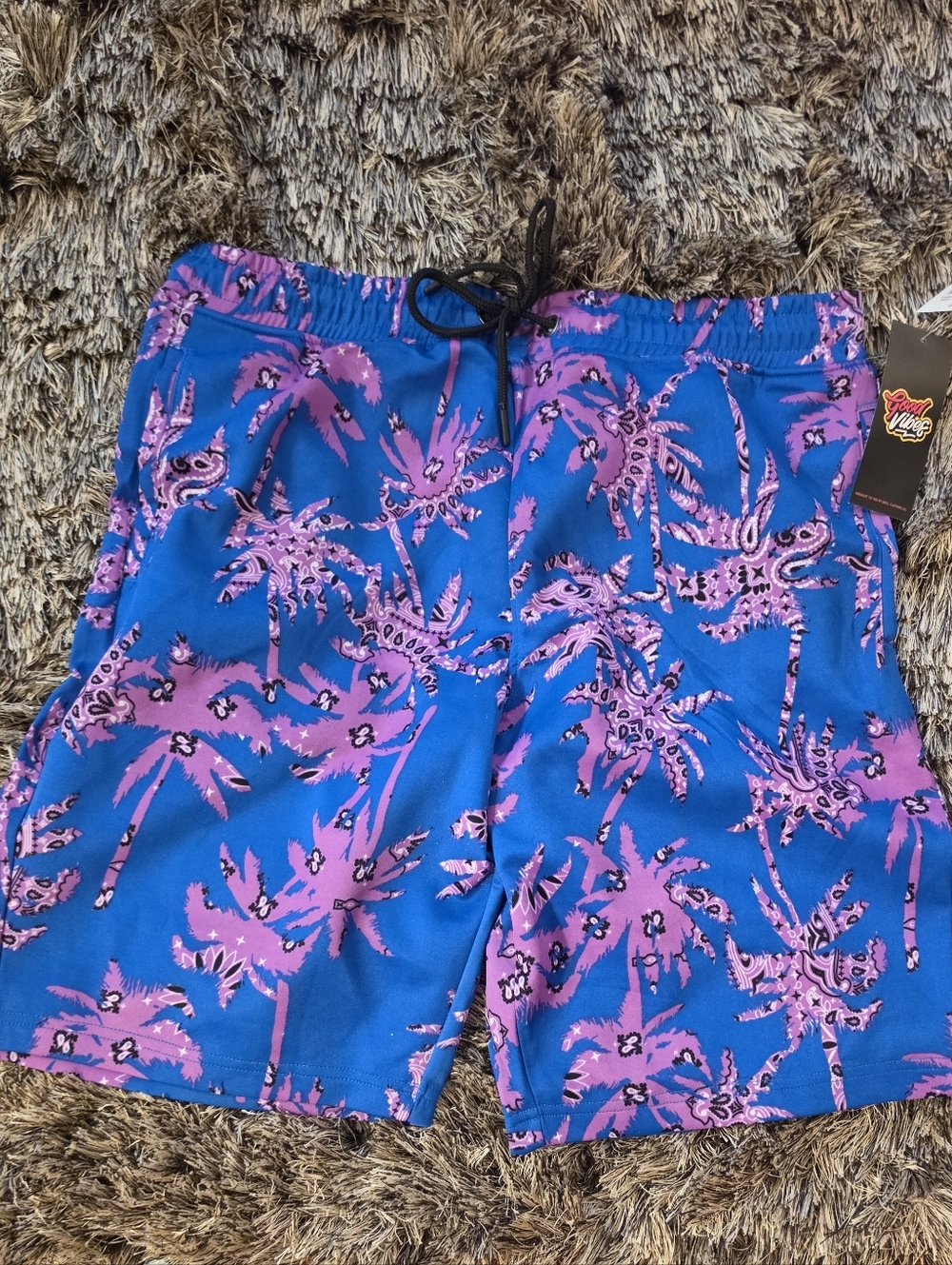 Mens Good Vibes Shorts By Drill Clothing L Royal/Purple Palm Trees NWT $52 MSRP